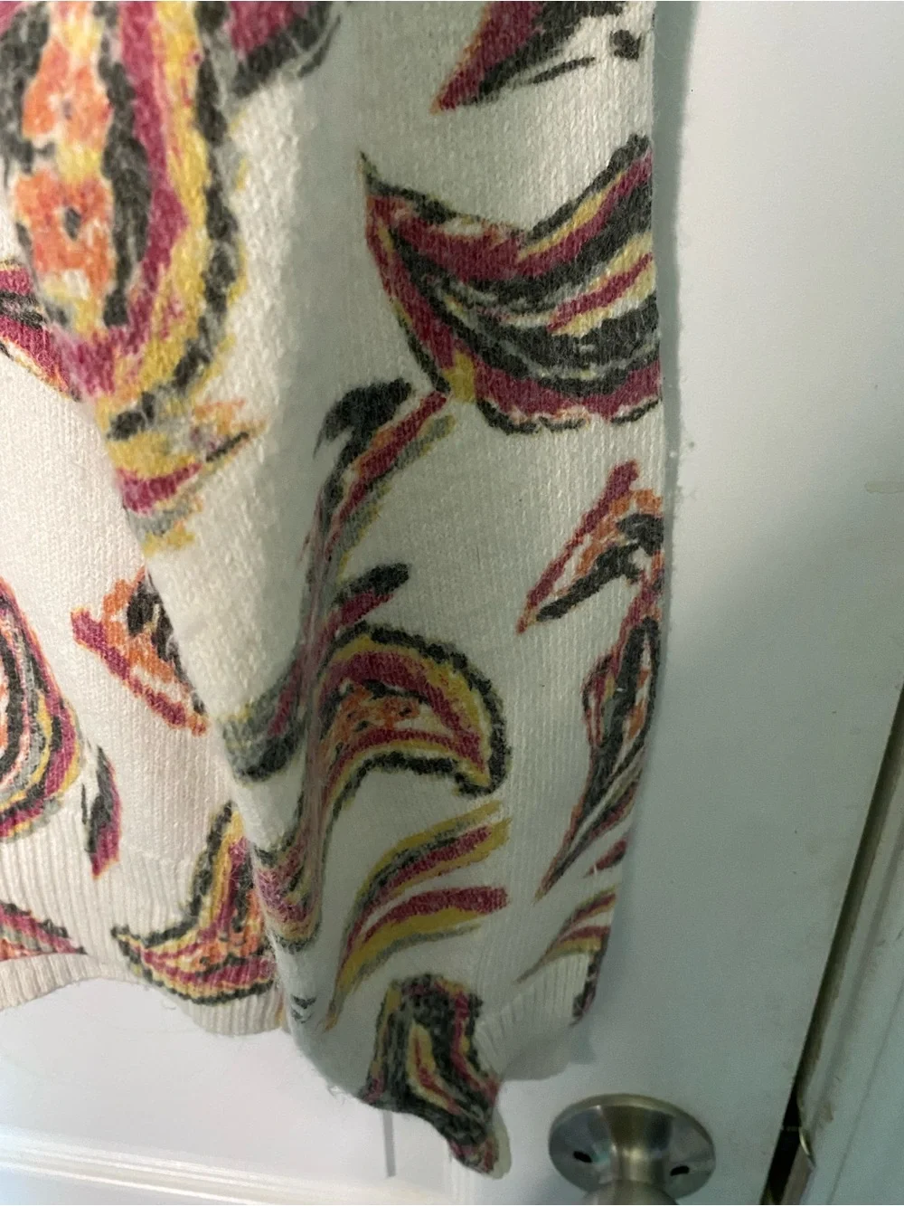 LOFT Cream V-Neck Sweater with Pink, Yellow and Green Paisley
